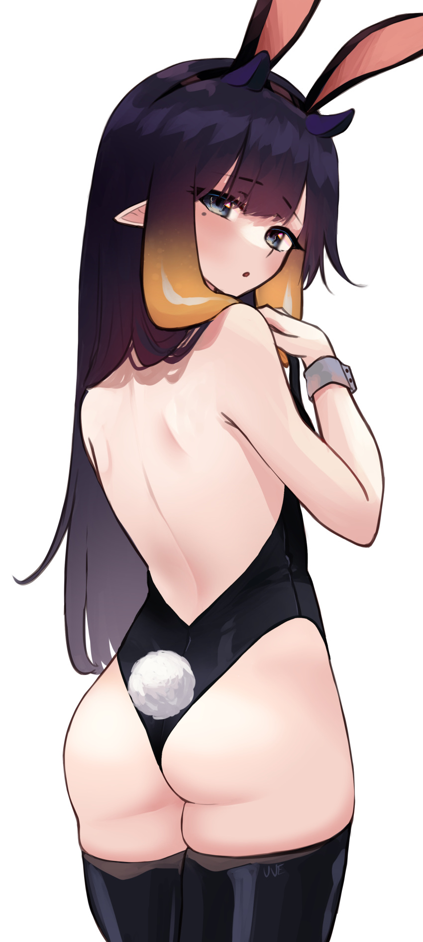 1girl absurdres animal_ears ass black_hair black_leotard black_thighhighs blue_eyes fake_animal_ears gradient_hair highres hololive hololive_english leotard long_hair looking_at_viewer multicolored_hair ninomae_ina'nis orange_hair playboy_bunny pointy_ears rabbit_ears rabbit_tail solo tail tentacle_hair thighhighs uve virtual_youtuber white_background wrist_cuffs