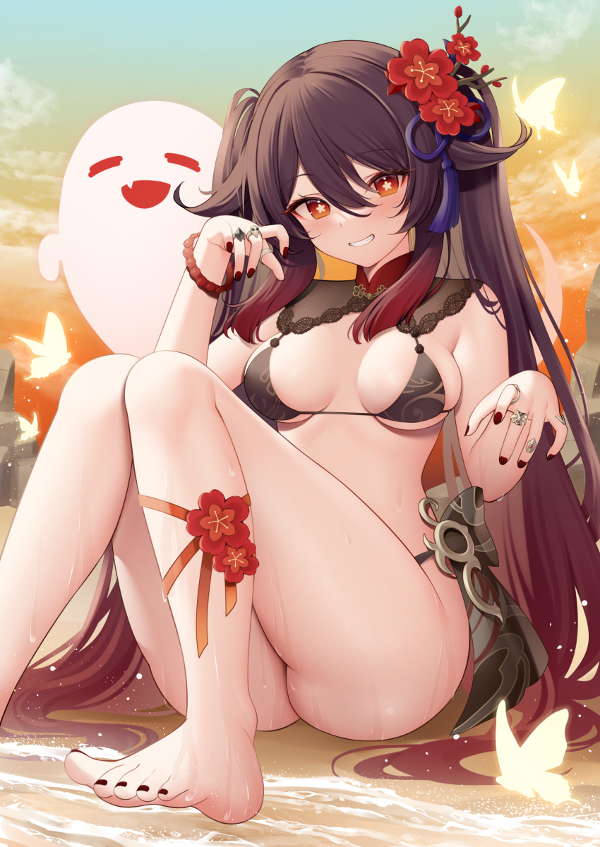 1girl bare_shoulders barefoot beach bead_bracelet beads bikini black_bikini blush boo_tao_(genshin_impact) bracelet breasts brown_hair bug butterfly cleavage collarbone flower genshin_impact ghost gradient_sky grin hair_flower hair_ornament highres hu_tao_(genshin_impact) jewelry long_hair looking_at_viewer medium_breasts miko_(royal_milk) orange_sky red_eyes ring shore sitting sky smile swimsuit symbol-shaped_pupils thighs twilight twintails very_long_hair