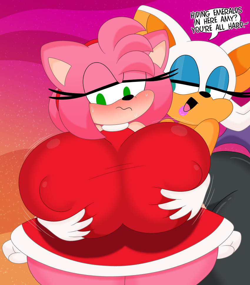 2023 3barts 4k absurd_res accessory amy_rose anthro bat big_breasts big_ears blush bodily_fluids bodysuit bouncing_breasts breast_fondling breast_grab breast_jiggle breast_play breast_squish breasts clothing curvaceous curvy_figure dialogue digital_drawing_(artwork) digital_media_(artwork) dress duo english_text eulipotyphlan eyelashes eyeliner eyeshadow female female/female fingers fondling fur gloves grabbing_from_behind green_eyes grope hair hair_accessory hairband hand_on_breast handwear hedgehog hi_res hourglass_figure huge_breasts jiggling makeup mammal motion_lines multicolored_body multicolored_fur nipple_outline open_mouth pink_body pink_fur pink_hair rouge_the_bat sega short_hair simple_background skinsuit small_waist smile sonic_the_hedgehog_(series) squish sweat tan_body tan_fur teal_eyes text thick_thighs tight_clothing tongue two_tone_body two_tone_fur voluptuous white_body white_fur white_hair wide_hips wings