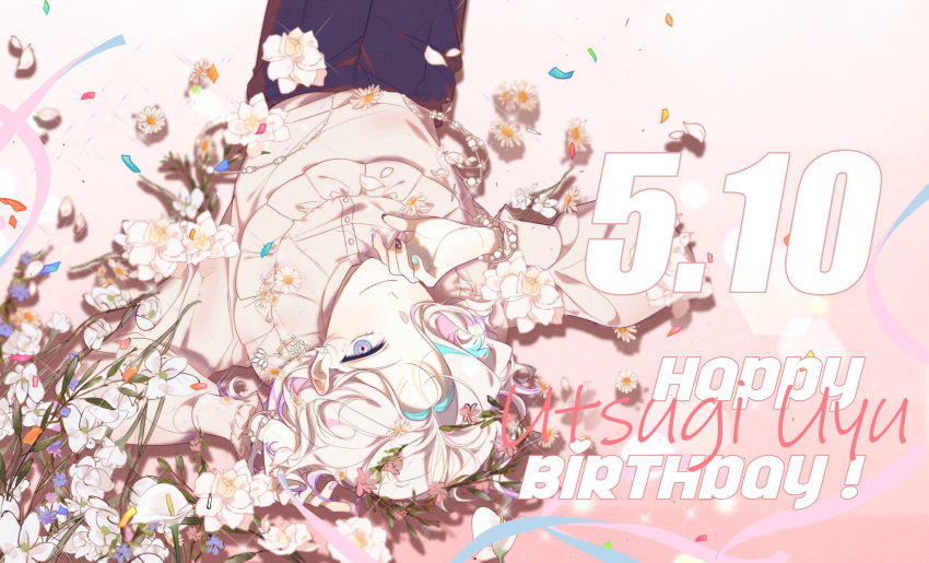 12_myurume 1boy aqua_hair aqua_nails black_nails black_pants blue_eyes bracelet calla_lily colored_inner_hair confetti cowboy_shot daisy dated dress_shirt earrings flower gradient_background hair_over_one_eye hand_to_own_mouth hand_up happy_birthday highres holostars jewelry long_sleeves looking_at_viewer lying male_focus multicolored_hair nail_art nail_polish on_back pants pink_background pink_flower pink_hair pink_nails pink_shirt purple_flower purple_nails rose shirt short_hair smile solo streaked_hair upside-down utsugi_uyu virtual_youtuber white_flower white_hair white_rose