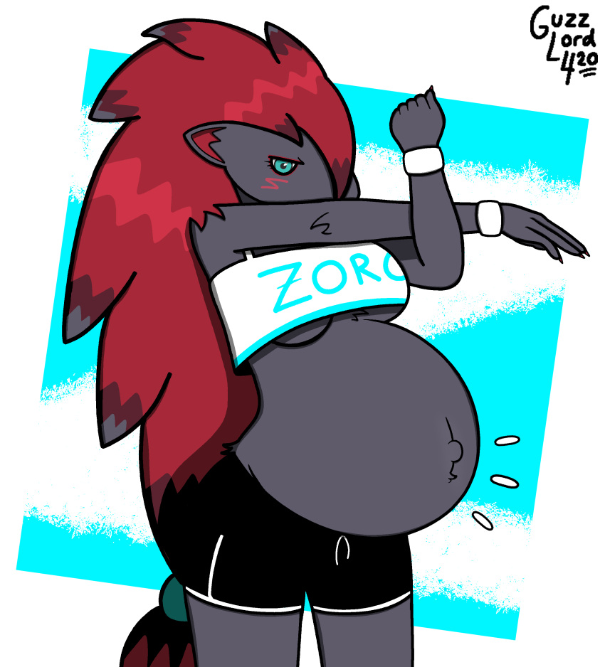 absurd_res anthro belly big_belly clothed clothing female generation_5_pokemon guzzlord420 hi_res navel nintendo pokemon pokemon_(species) pregnant pregnant_female solo zoroark