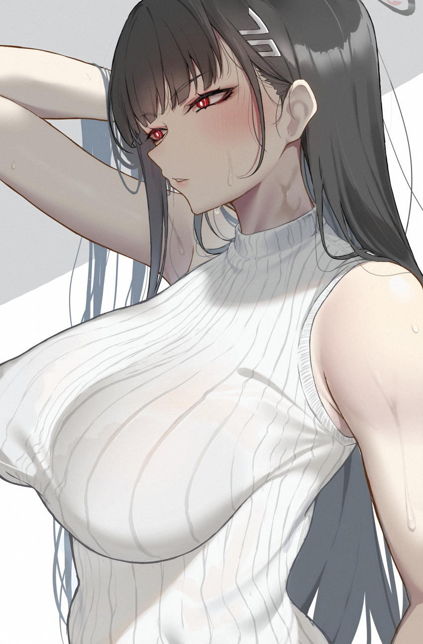 1girl absurdres black_hair blue_archive breasts highres large_breasts long_hair red_eyes ribbed_sweater rio_(blue_archive) skysign_ft sleeveless sleeveless_sweater sweat sweater very_long_hair white_sweater