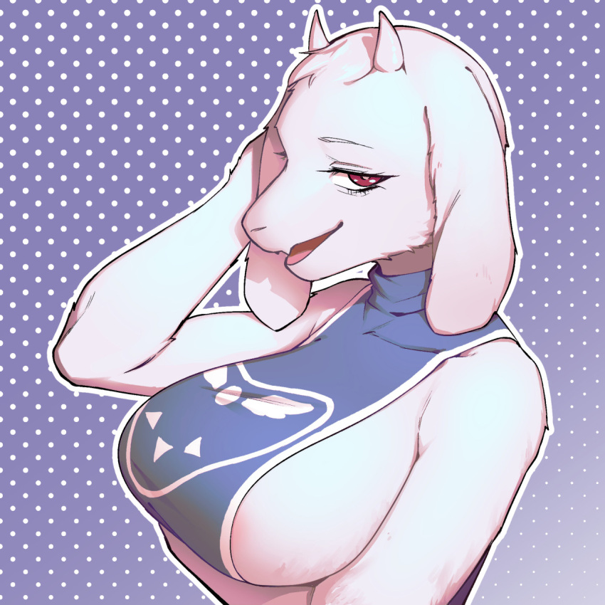 1:1 anthro arm_under_breasts big_breasts bovid breasts caprine clothing dotted_background eyebrows eyelashes female fur goat hi_res hyakkin looking_away mammal open_mouth pattern_background purple_background purple_clothing red_eyes side_boob simple_background solo toriel undertale_(series) white_body white_fur