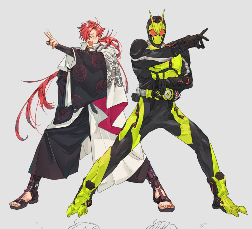 2boys :d arm_up armor bbbb_fex belt black_hair bug crossover dragon_print driver_(kamen_rider) eyebrow_cut fate/grand_order fate_(series) full_armor full_body grasshopper green_footwear hair_over_one_eye helmet henshin_pose highres instrument jacket kamen_rider kamen_rider_01_(series) kamen_rider_zero-one long_hair looking_at_viewer male_focus multicolored_hair multiple_boys outstretched_arm outstretched_hand protected_link reaching reaching_towards_viewer red_eyes red_hair rider_belt rising_hopper shamisen simple_background smile solo spread_legs standing streaked_hair takasugi_shinsaku_(fate) tokusatsu white_background white_hair white_jacket yellow_armor zero_one_driver