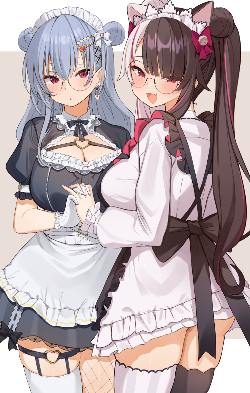 2girls :3 :d :o absurdres animal_ears apron ass asymmetrical_legwear bell black_apron black_bow black_bowtie black_dress black_thighhighs blush bow bowtie breasts cat_ears chest_strap choco_tanuki cleavage cleavage_cutout clothing_cutout double_bun dress earrings fang fishnet_pantyhose fishnets frilled_apron frills glasses gloves hair_bell hair_between_eyes hair_bow hair_bun hair_ornament hairclip hakase_fuyuki heart heart_hair_ornament heart_o-ring highres jewelry jingle_bell large_breasts long_hair long_sleeves looking_at_viewer maid maid_apron maid_headdress mismatched_legwear multicolored_hair multiple_girls nijisanji open_mouth pantyhose petticoat puffy_short_sleeves puffy_sleeves purple_eyes red_bow red_eyes red_hair round_eyewear short_sleeves simple_background single_leg_pantyhose skin_fang skindentation smile split-color_hair streaked_hair thigh_strap thighhighs thighs twintails two-tone_hair very_long_hair virtual_youtuber wa_maid white_apron white_background white_dress white_gloves white_hair white_thighhighs x_hair_ornament yorumi_rena zettai_ryouiki