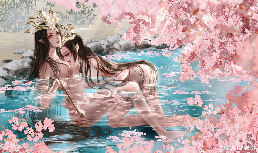 2girls absurdres bamboo brown_hair cai_lin_(doupo_cangqiong) cherry_blossoms doupo_cangqiong from_side hair_ornament highres julia_laoshi licking licking_nipple light_rays long_hair looking_up multiple_girls nude petals petals_on_liquid pointy_ears rock siblings sisters smoke