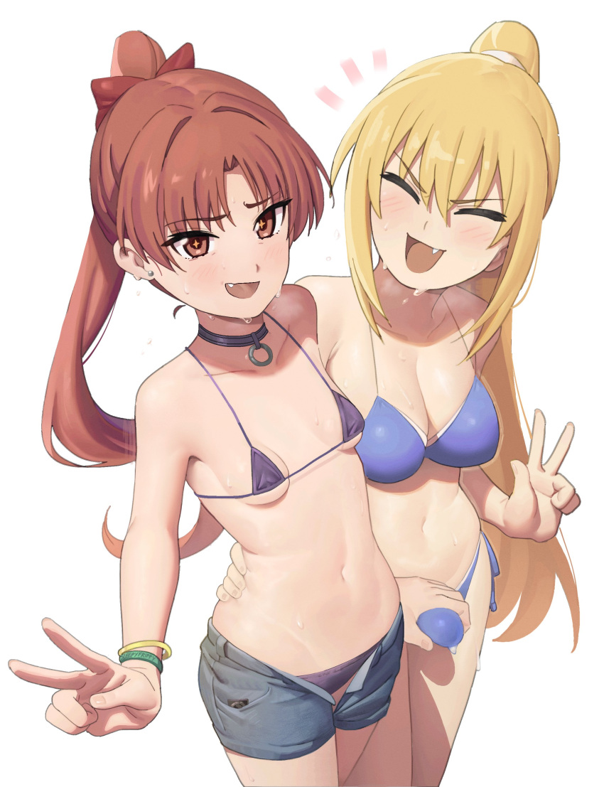 2girls :d absurdres alternate_hairstyle bikini black_choker blonde_hair blue_bikini breasts brown_eyes brown_hair bulge choker closed_eyes collarbone denim denim_shorts ear_piercing english_commentary erection erection_under_clothes fang futanari hair_between_eyes hand_on_another's_waist highres large_breasts long_hair looking_at_viewer micro_bikini mind_control multiple_bracelets multiple_girls navel penis_grab piercing ponytail purple_bikini shirai_kuroko shokuhou_misaki shorts sleepy_frippy small_breasts smile sparkling_eyes sweat swimsuit toaru_kagaku_no_railgun toaru_majutsu_no_index v w white_background