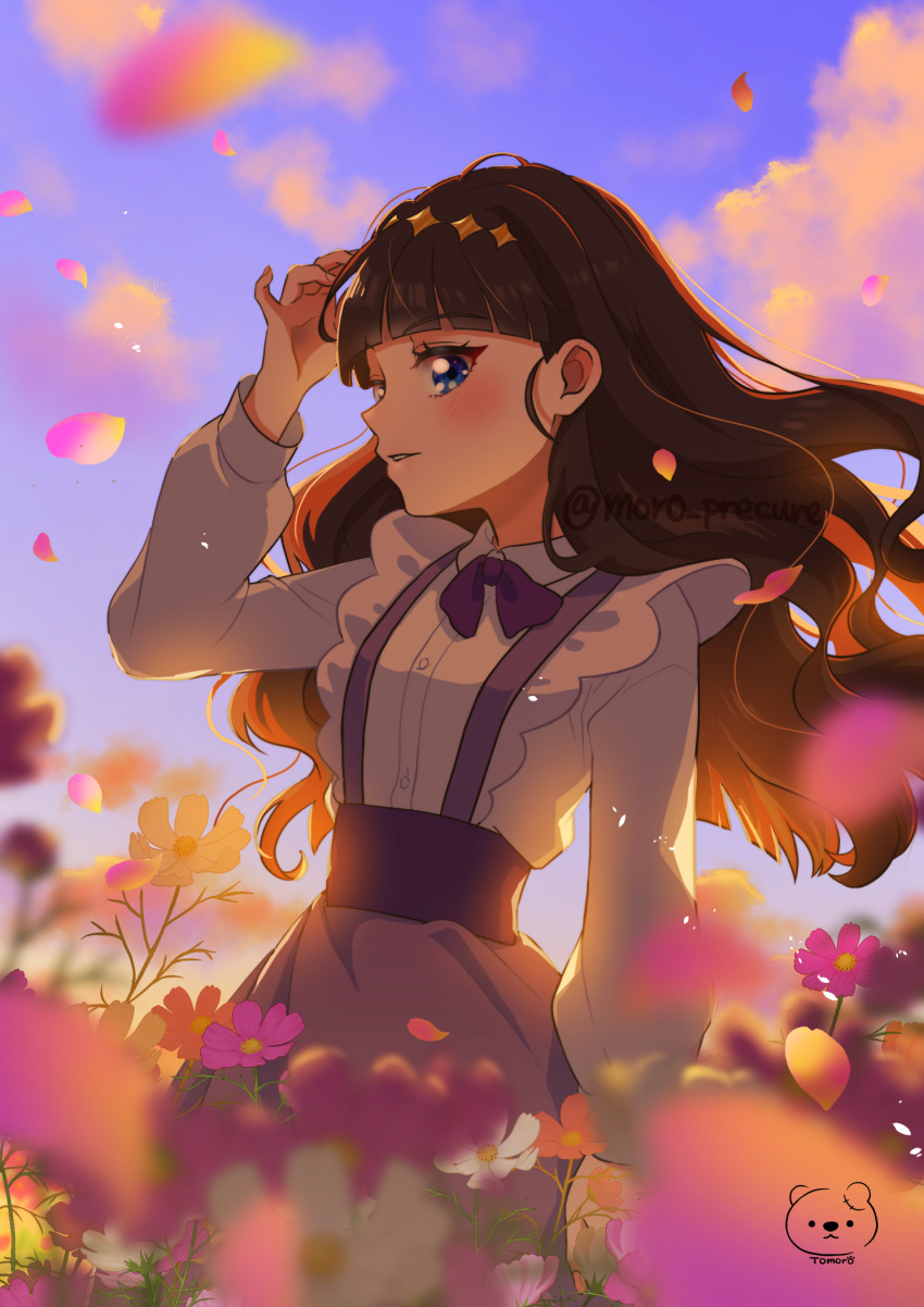 1girl black_hair blue_eyes blush cloud cloudy_sky delicious_party_precure dress field flower flower_field frills highres kasai_amane long_hair long_sleeves looking_at_viewer moro_precure petals precure shirt skirt sky smile solo sparkle_hair_ornament sunset suspender_skirt suspenders white_shirt wind