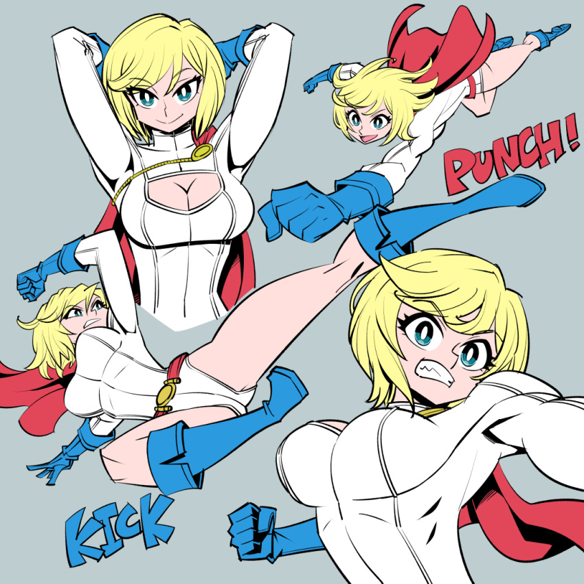 1girl animification blonde_hair blue_eyes blue_gloves boots breasts cape cleavage_cutout clothing_cutout dc_comics english_commentary english_text gloves highleg highleg_leotard large_breasts leotard looking_at_viewer power_girl short_hair smile solo sunafuki_tabito superhero superman_(series) thighs