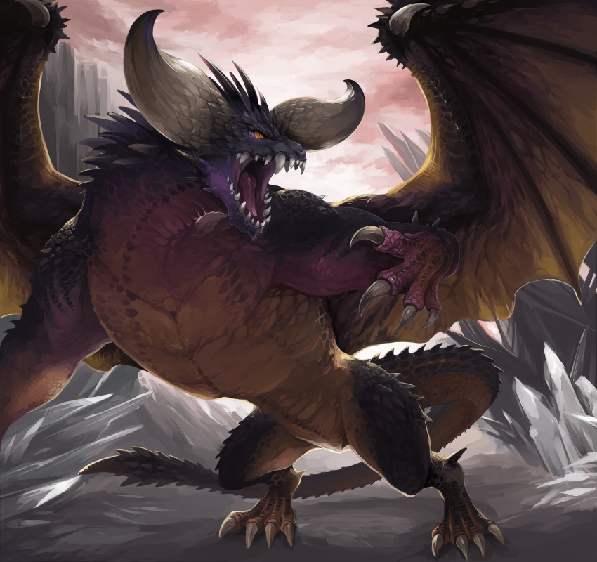 2020 absurd_res ambiguous_gender capcom chimo205 claws cloud feral hi_res horn monster_hunter multicolored_body multicolored_scales nergigante open_mouth purple_body purple_scales red_sky scales scalie sharp_teeth sky solo spread_wings teeth tongue wings yellow_body yellow_scales