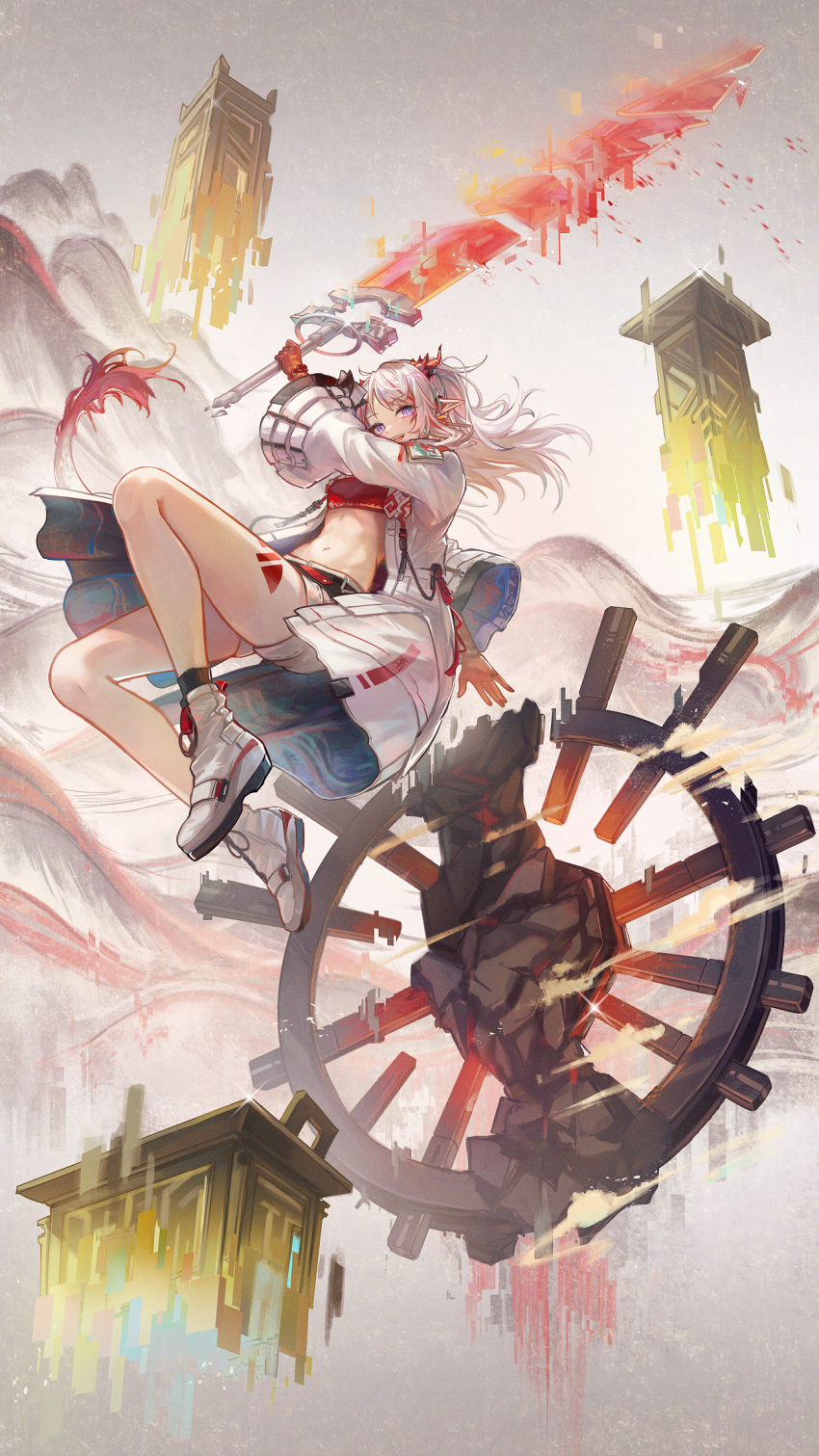 1girl :d arknights arm_up bandeau bead_bracelet beads bracelet coat colored_skin commentary commentary_request dragon_girl dragon_horns dragon_tail flame-tipped_tail full_body grey_eyes highres holding holding_sword holding_weapon horns jacket jewelry kyusoukyu leg_tattoo long_hair long_sleeves looking_at_viewer midriff multicolored_hair navel nian_(arknights) open_clothes open_jacket open_mouth pointy_ears purple_eyes red_bandeau red_hair red_skin red_tube_top shorts smile solo strapless streaked_hair sword tail tattoo teeth tube_top upper_teeth_only weapon white_coat white_footwear white_hair white_jacket white_shorts wide_sleeves