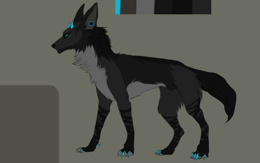 2015 ambiguous_gender black_body black_ears black_fur black_legs black_nose black_sclera black_tail blue_claws blue_eyes blue_horn canid canine cheek_tuft claws color_swatch countershading digital_media_(artwork) facial_tuft feral full-length_portrait fur geodis grey_background grey_body grey_countershading grey_fur horn leg_markings mammal markings model_sheet portrait quadruped side_view simple_background socks_(marking) solo standing tail toe_claws tuft unavailable_at_source