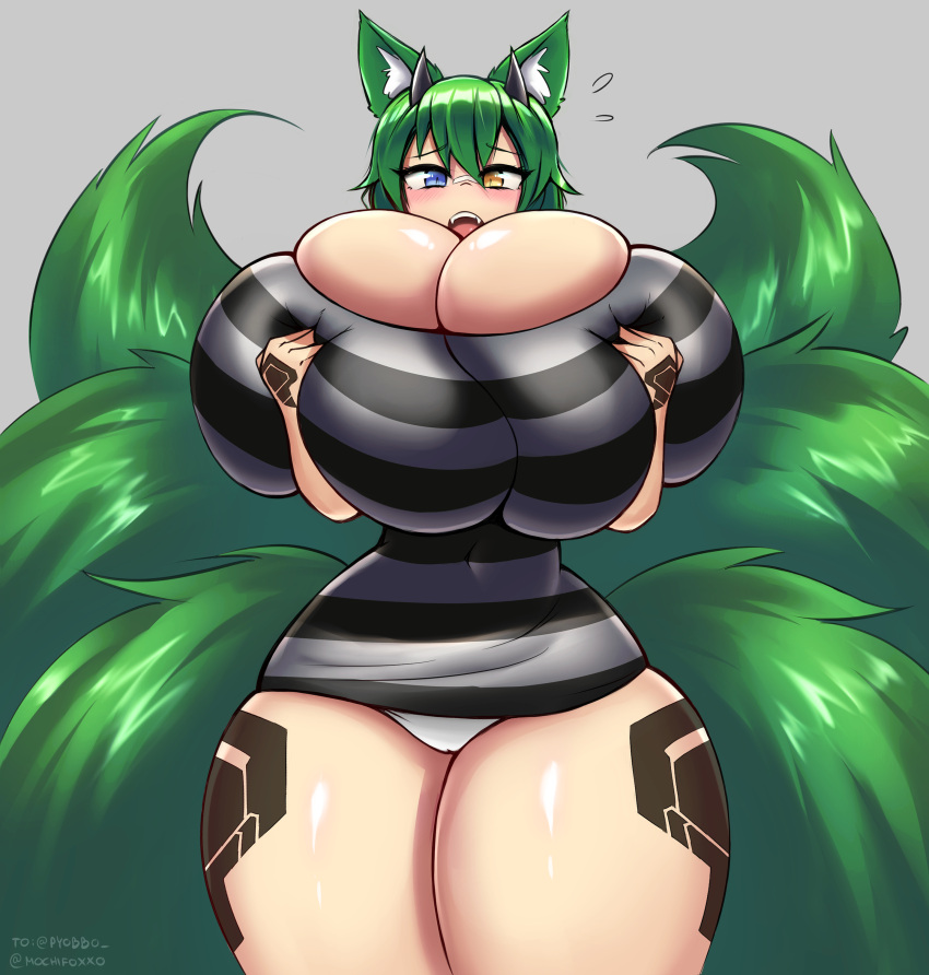 6_tails absurd_res animal_humanoid big_breasts blue_eyes blush bodily_fluids breasts camel_toe canid canid_humanoid canine canine_humanoid cleavage clothed clothing female fox_humanoid green_hair hair heterochromia hi_res holding_breast huge_breasts huge_thighs humanoid hyper hyper_breasts hyper_thighs mammal mammal_humanoid mochifoxxo multi_tail open_mouth panties signature solo standing sweat sweatdrop tail teeth text thick_thighs tsutsune_(pyobbo) underwear wide_hips yellow_eyes
