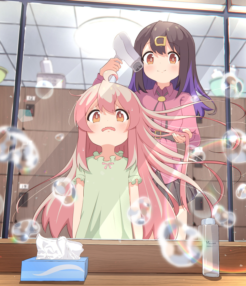 2girls absurdres ahoge belt black_hair bolo_tie commentary d: drying drying_hair green_shirt hair_between_eyes hair_down hair_dryer hair_ornament hairclip highres holding_another's_hair indoors light_blush long_hair long_sleeves mirror multicolored_hair multiple_girls onii-chan_wa_oshimai! open_mouth oyama_mahiro oyama_mihari pink_hair purple_hair red_shirt reflection sharu06051 shirt short_sleeves siblings sisters smile soap_bubbles tissue_box two-tone_hair very_long_hair wavy_mouth wing_collar