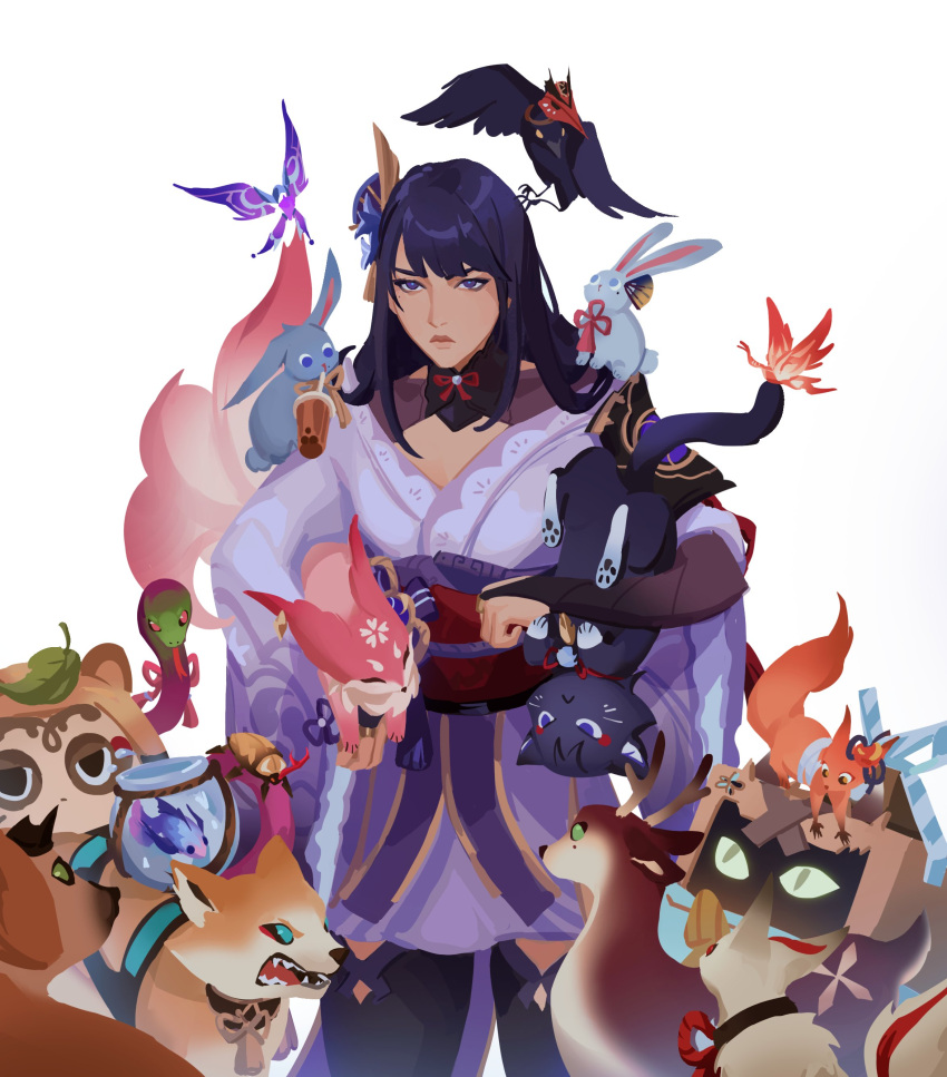 1girl absurdres aina_(mayexplode) animal animal_on_shoulder antlers aquarium breasts bridal_gauntlets bubble_tea cat cat_tail cleavage closed_mouth crystalfly_(genshin_impact) dog fish flower genshin_impact hair_ornament highres holding holding_animal japanese_clothes kimono kirara_(cat)_(genshin_impact) kujou_sara_(bird) long_hair looking_at_viewer mole muji-muji_daruma_(genshin_impact) obi obiage obijime purple_eyes purple_hair rabbit raiden_shogun sash scaramouche_(cat)_(genshin_impact) scaramouche_(genshin_impact) simple_background snake squirrel tail thighhighs upside-down yae_miko yae_miko_(fox)