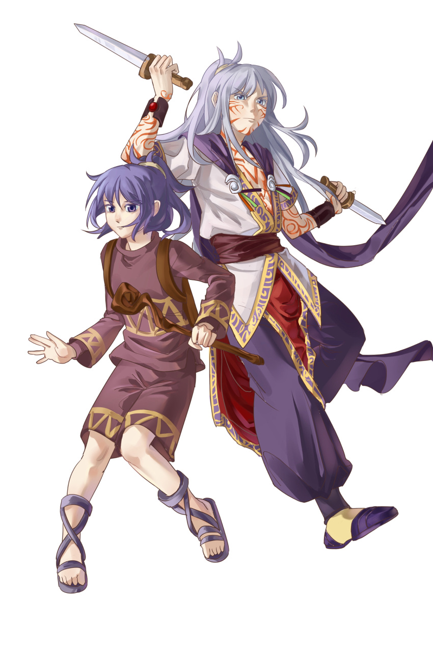 2boys absurdres arcturus bracer brown_sash brown_shirt brown_shorts closed_mouth commentary dagger dual_persona dual_wielding frown full-body_tattoo full_body grey_eyes grey_hair hair_between_eyes high_ponytail highres holding holding_dagger holding_knife holding_staff holding_weapon knife long_hair long_sleeves looking_at_viewer male_focus multiple_boys open_clothes pants ponytail purple_eyes purple_footwear purple_hair purple_pants sandals shirt shoes short_sleeves shorts simple_background sizz_flair smile staff tattoo weapon white_background white_shirt xiansan