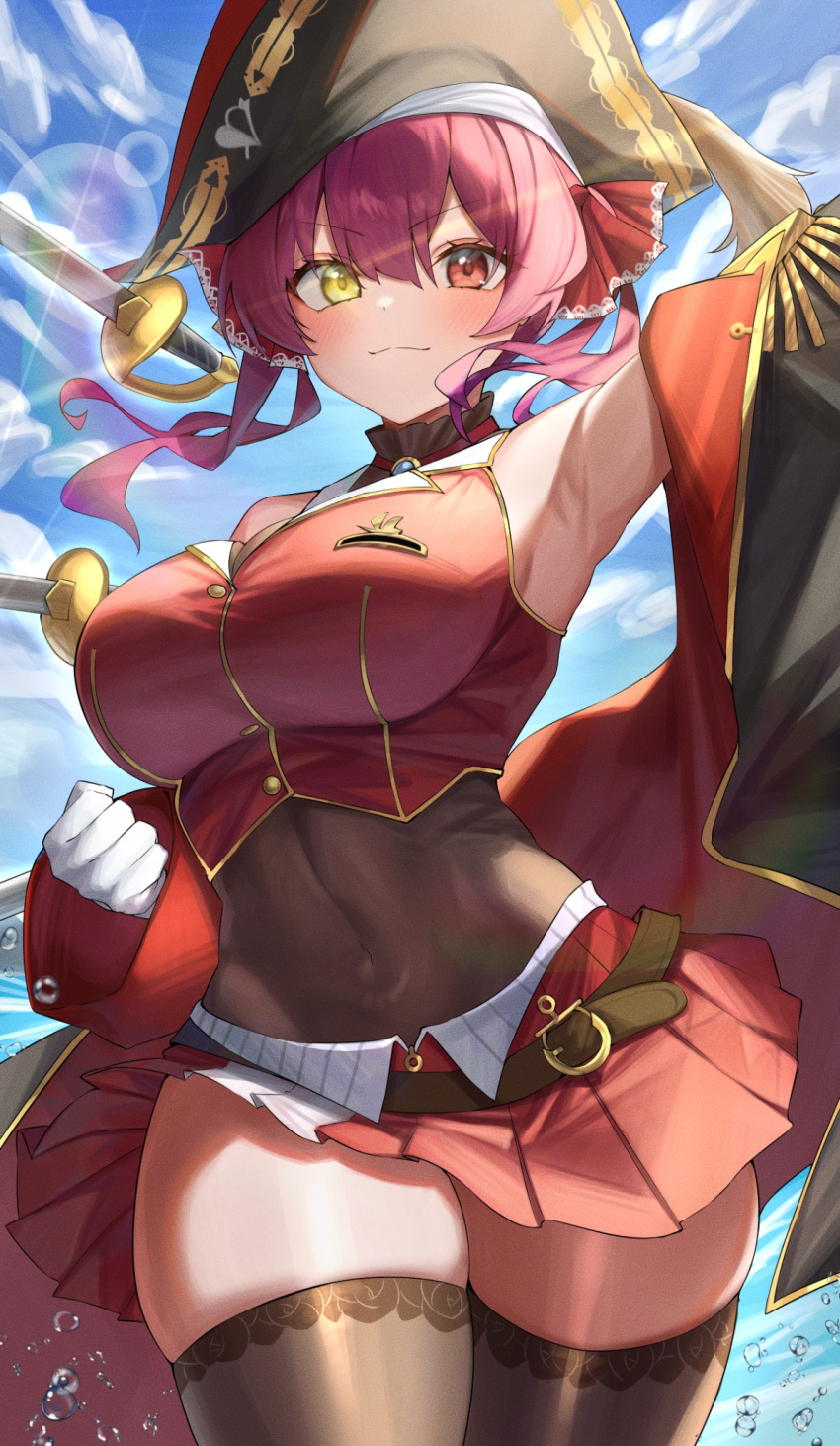 1girl armpits ascot bare_shoulders belt bicorne black_choker black_coat black_headwear black_thighhighs blush breasts brooch brown_belt buttons choker coat covered_navel cropped_jacket frilled_choker frilled_shirt_collar frills gloves gold_trim hair_between_eyes hair_ribbon hat heterochromia highres hololive houshou_marine houshou_marine_(1st_costume) jacket jewelry lace-trimmed_legwear lace_trim large_breasts leather_belt leotard leotard_under_clothes long_hair looking_at_viewer menmen_(menmen13s) miniskirt off_shoulder open_mouth pirate_hat pleated_skirt red_ascot red_eyes red_hair red_jacket red_ribbon red_skirt ribbon see-through see-through_leotard skirt sleeveless sleeveless_jacket smile solo thighhighs twintails virtual_youtuber white_gloves yellow_eyes