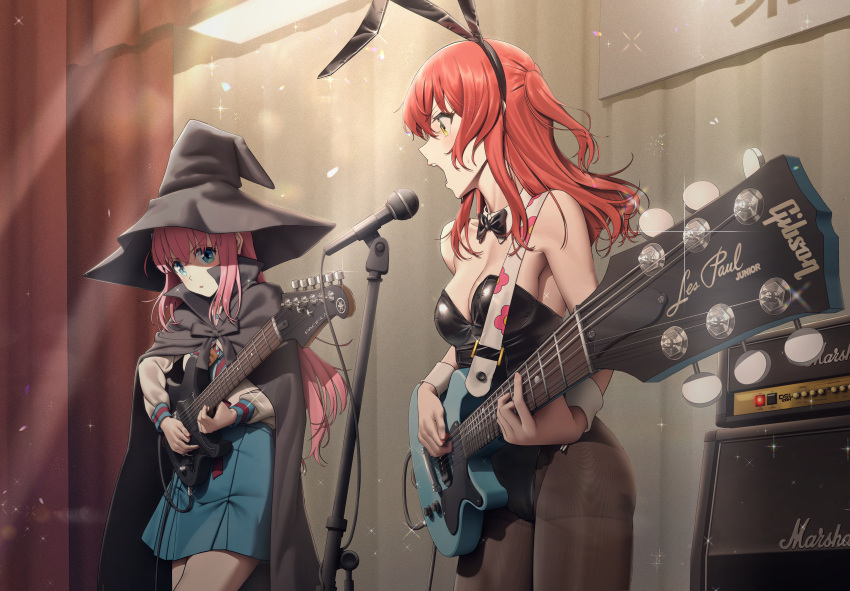 2girls absurdres black_bow black_bowtie black_cloak black_leotard black_pantyhose blue_skirt blush bocchi_the_rock! bow bowtie breasts cleavage cloak cosplay detached_collar electric_guitar g9in32 gibson_les_paul god_knows... gotoh_hitori guitar hat highres instrument kita_high_school_uniform kita_ikuyo leotard medium_breasts microphone microphone_stand multiple_girls music nagato_yuki nagato_yuki_(cosplay) orange_hair pantyhose parody pink_hair playboy_bunny playing_instrument school_uniform shirt singing skirt strapless suzumiya_haruhi suzumiya_haruhi_(cosplay) suzumiya_haruhi_no_yuuutsu sweat white_shirt witch_hat yamaha_pacifica