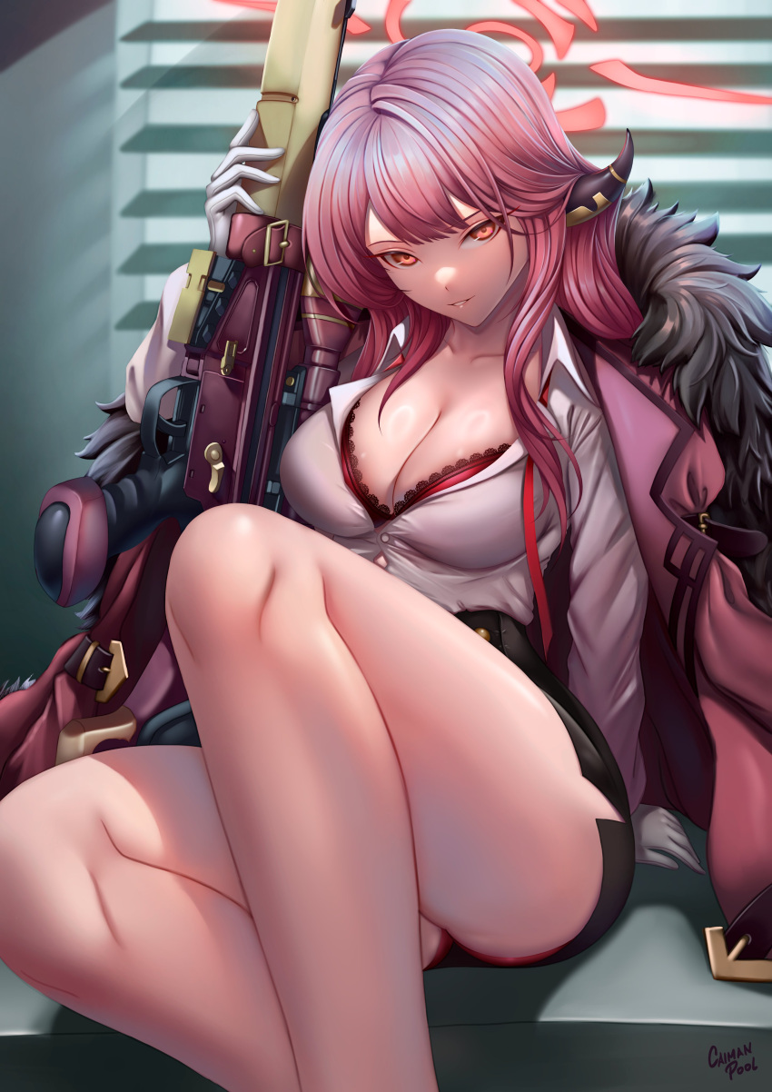 1girl absurdres arm_up aru_(blue_archive) black_skirt blinds blue_archive bra breasts brown_jacket caiman_pool cleavage collared_shirt commentary_request dress_shirt feet_out_of_frame fur-trimmed_jacket fur_trim gloves gun halo highres holding holding_gun holding_weapon horns indoors jacket jacket_on_shoulders lace-trimmed_bra lace_trim looking_at_viewer medium_breasts panties parted_lips pencil_skirt pink_hair red_bra red_eyes red_panties scope shirt signature skirt solo underwear weapon white_gloves white_shirt window