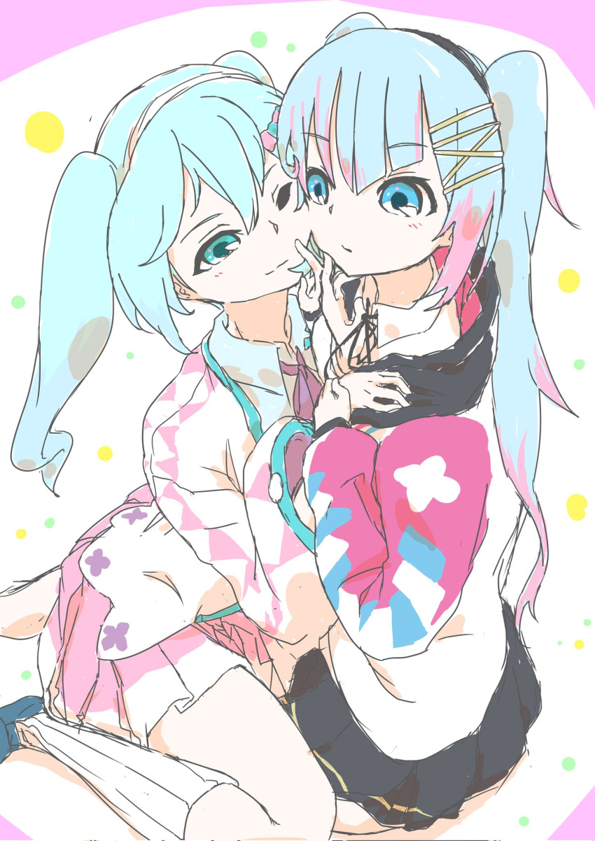 2girls aqua_eyes aqua_hair argyle argyle_sleeves blue_eyes blue_hair blunt_bangs casual cheek-to-cheek colored_tips commentary dual_persona floral_print hair_ornament hairband hairclip hand_on_another's_shoulder hatsune_miku heads_together highres kneehighs long_hair magical_mirai_(vocaloid) magical_mirai_miku magical_mirai_miku_(2020_summer) magical_mirai_miku_(2020_winter) miniskirt multicolored_hair multiple_girls neckerchief one_eye_closed pink_hair pink_skirt pleated_skirt purple_neckerchief shirt sitting sitting_on_person sketch skirt smile socks tororo51681849 twintails very_long_hair vocaloid white_shirt white_socks