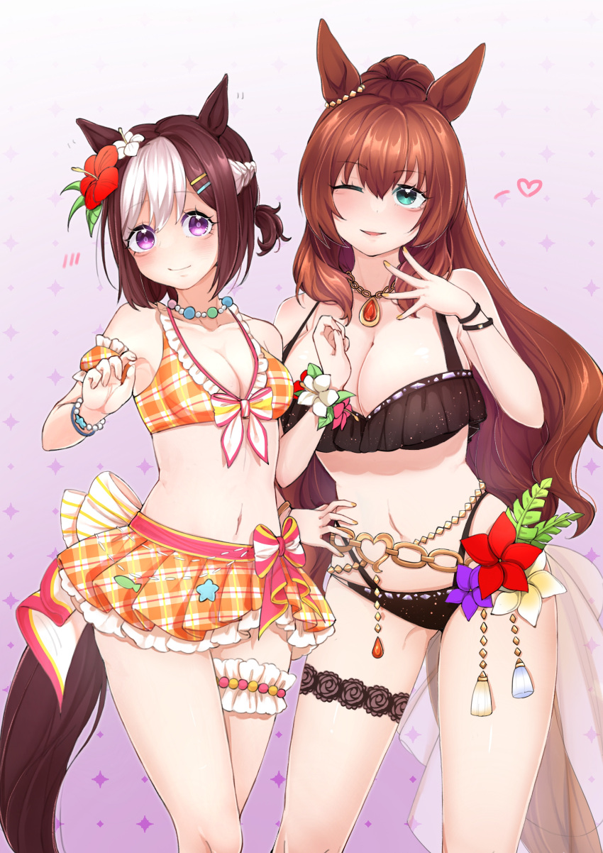 absurdres animal_ears beiqi_coconut bikini breasts brown_hair flower green_eyes highres horse_ears horse_girl horse_tail large_breasts looking_at_viewer maruzensky_(blasting_off_summer_night)_(umamusume) maruzensky_(umamusume) medium_breasts multicolored_hair navel one_eye_closed original purple_eyes short_hair special_week_(hopping_vitamin_heart)_(umamusume) special_week_(umamusume) swimsuit tail thigh_strap tracen_swimsuit twintails two-tone_hair umamusume umamusume_summer_story_(umamusume)