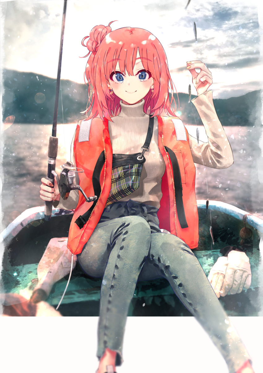 1girl absurdres bag blue_eyes blush boat breasts cloud day denim feet_out_of_frame fish fishing fishing_hook fishing_rod hair_bun high_collar highres holding holding_fishing_rod horizon jeans lake long_sleeves looking_at_viewer medium_breasts medium_hair orange_hair orange_vest outside_border pants ponkan_8 shoulder_bag single_hair_bun single_side_bun sky solo sweater turtleneck turtleneck_sweater vest watercraft white_sweater yahari_ore_no_seishun_lovecome_wa_machigatteiru. yuigahama_yui