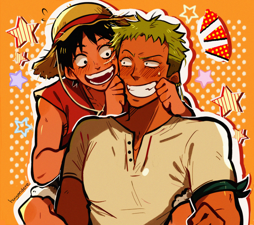 2boys bandana_around_arm black_hair blush carrying cheek_pinching dark-skinned_male dark_skin earrings eye_contact green_hair grin happy hat highres huyandere jewelry looking_at_another male_focus monkey_d._luffy multiple_boys one_piece open_mouth piggyback pinching red_shirt roronoa_zoro scar scar_on_cheek scar_on_face shirt short_hair sideburns smile straw_hat sweatdrop teeth toned toned_male white_shirt