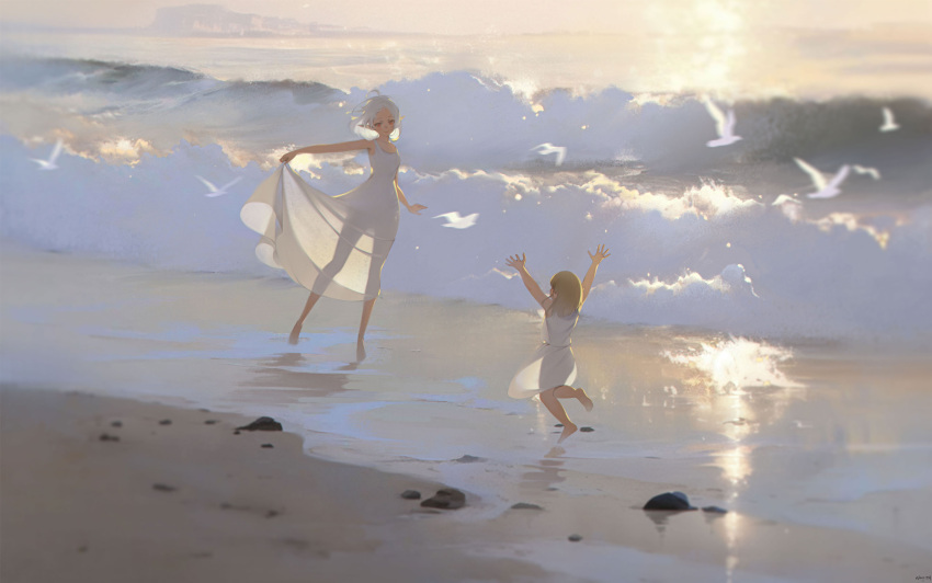 2girls ahoge arms_at_sides arms_up artist_name barefoot beach bird blonde_hair character_request closed_mouth dress highres looking_at_viewer medium_hair multiple_girls mushoku_tensei ocean outdoors red_eyes sand seagull see-through see-through_dress shore skirt_hold sylphiette_(mushoku_tensei) wangza waves white_dress white_hair