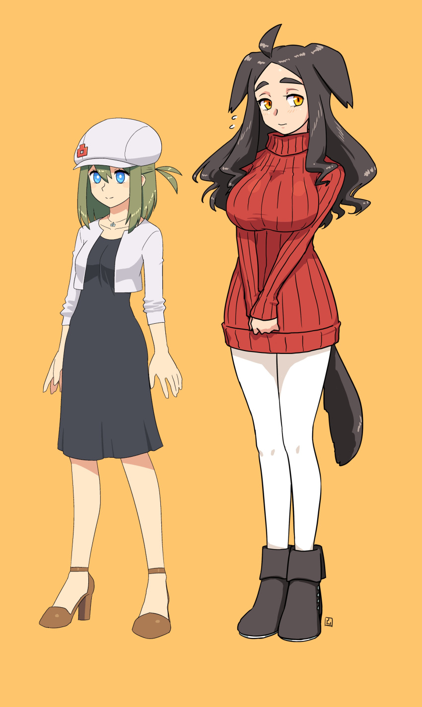 2girls absurdres aged_up ahoge animal_ears black_dress black_footwear black_hair blue_eyes boots breasts brown_background brown_footwear cabbie_hat chocolat_c_cognac_(muu) closed_mouth collarbone commentary_request cropped_jacket dog_ears dog_girl dog_tail dress flying_sweatdrops forehead full_body green_hair hair_between_eyes hat high_heels highres jacket large_breasts long_hair long_sleeves looking_at_viewer multiple_girls muu_(mumumer) original own_hands_together pantyhose parted_bangs red_sweater ribbed_sweater shoes short_eyebrows simple_background sleeves_past_wrists smile standing sweater tail thick_eyebrows turtleneck turtleneck_sweater v_arms white_headwear white_jacket white_pantyhose yunomiya_agari