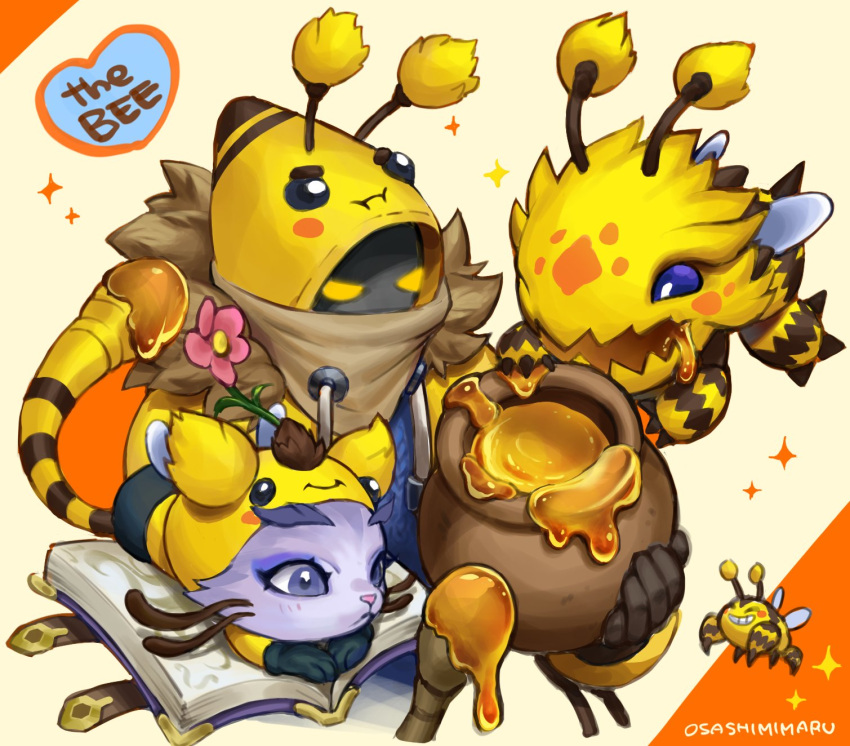 1boy :d animal artist_name bee bee'maw bee_costume beezahar black_gloves black_skin blue_eyes book brown_background bug cat colored_skin flower gloves highres holding honey honeypot hood hood_up kog'maw league_of_legends long_sleeves malzahar open_book pink_flower pout saliva sharp_teeth smile sparkle teeth wings wosashimi yuubee yuumi_(league_of_legends)