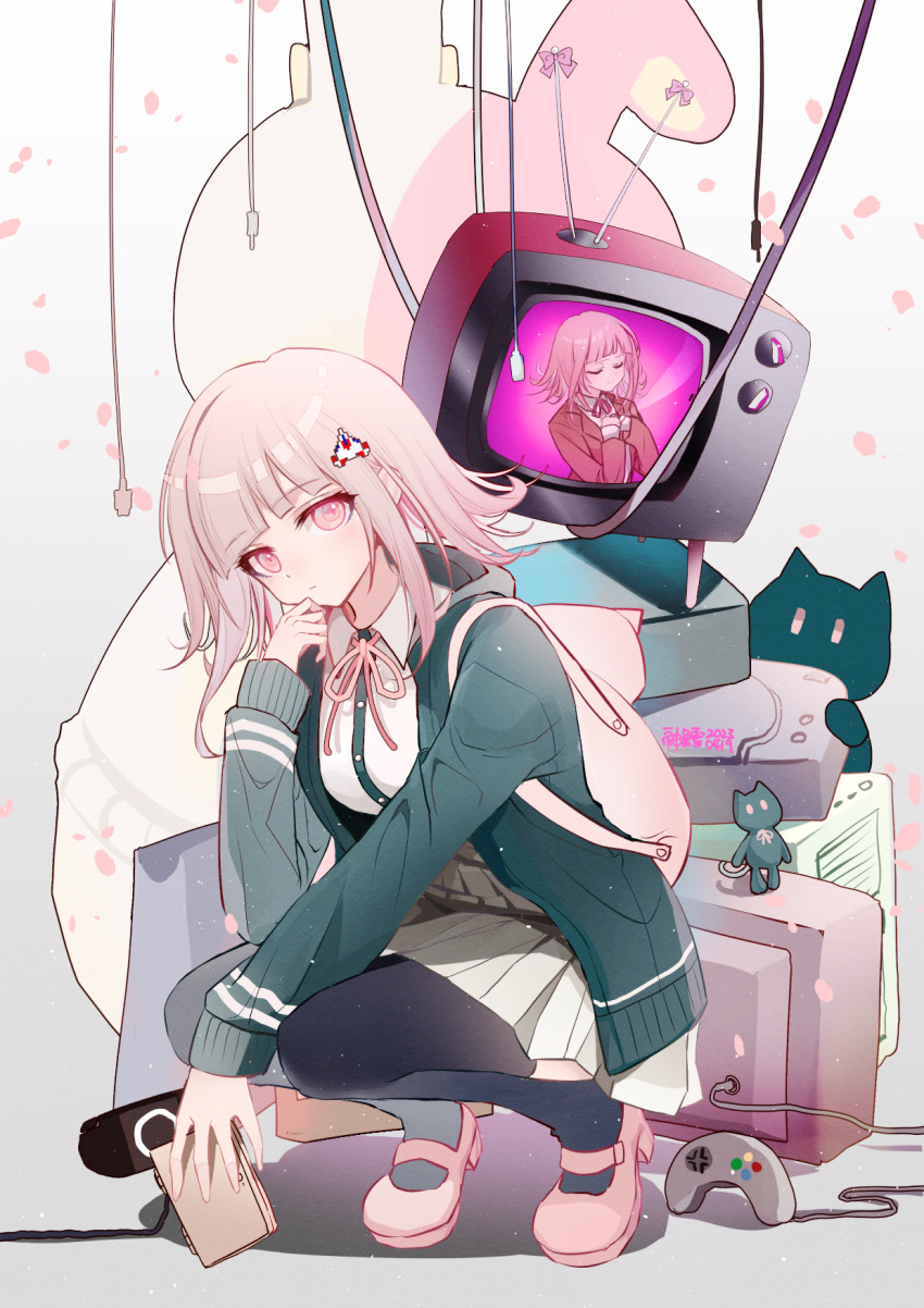 1girl animal_bag backpack bag black_shirt breasts brown_hair brown_jacket brown_skirt cat_bag collared_shirt danganronpa_(series) danganronpa_2:_goodbye_despair danganronpa_3_(anime) dress_shirt flipped_hair galaga hair_ornament handheld_game_console highres holding holding_handheld_game_console hood hooded_jacket hope's_peak_academy_school_uniform jacket light_brown_hair long_sleeves looking_at_viewer medium_breasts medium_hair nanami_chiaki neck_ribbon pink_eyes pink_ribbon pleated_skirt ribbon school_uniform shirt skirt solo thighhighs white_shirt willfin