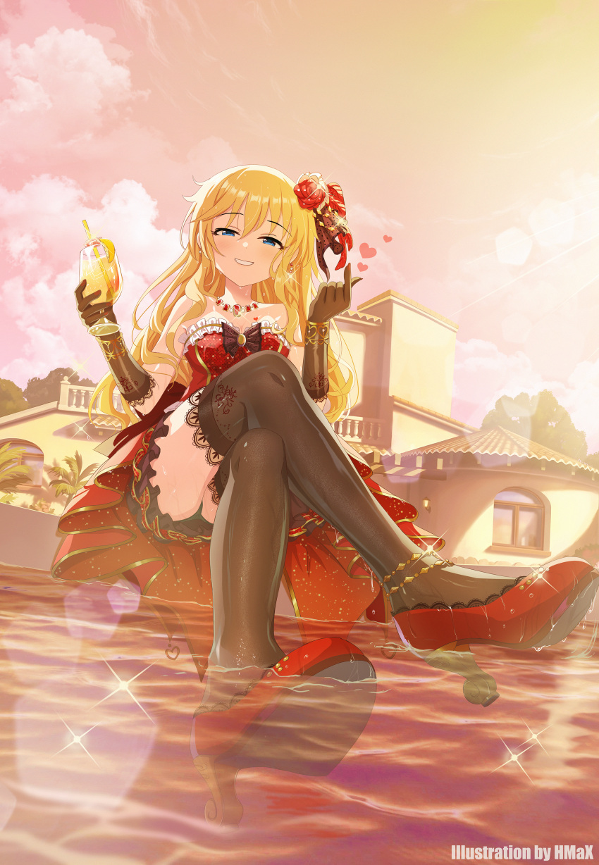 1girl absurdres artist_name black_gloves black_thighhighs blonde_hair blush bracelet breasts cocktail_glass crossed_legs cup dress drinking_glass finger_heart flower gloves hair_flower hair_ornament half-closed_eyes high_heels highres hmax holding holding_cup idolmaster idolmaster_cinderella_girls idolmaster_cinderella_girls_starlight_stage jewelry long_hair medium_breasts ohtsuki_yui outdoors red_dress red_footwear sitting smile solo strapless strapless_dress sunset thighhighs very_long_hair