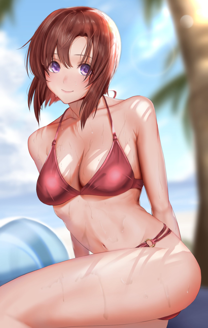 1girl absurdres bikini blue_eyes blurry blurry_background breasts brown_hair cleavage closed_mouth collarbone commentary_request highres higurashi_no_naku_koro_ni medium_breasts navel ocean out_type_(outtypeex) palm_tree red_bikini ryuuguu_rena short_hair smile solo swimsuit tree