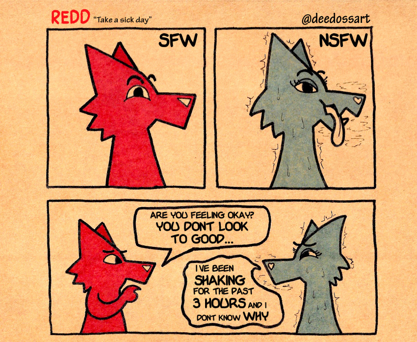 &lt;3 ambiguous_gender anthro bodily_fluids canid canine canis cardboard comic deedoss dialogue duo fox heart_nose hi_res mammal redd_(deedoss) simple_coloring simple_eyes simple_face steam sweat text tongue tongue_out wolf worried