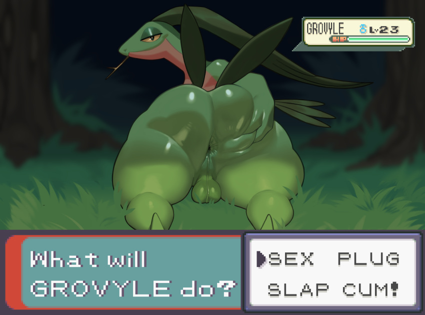 anthro anus backsack balls bedroom_eyes big_butt butt chromamorph elemental_creature flora_fauna gameplay_mechanics generation_3_pokemon genitals green_body grovyle gui health_bar hi_res huge_butt looking_at_viewer looking_back looking_back_at_viewer lying male narrowed_eyes nintendo nude on-grass on_front perineum plant pokemon pokemon_(species) presenting presenting_anus presenting_hindquarters seductive solo spread_butt spreading stick_in_mouth text_box thick_thighs tree user_interface