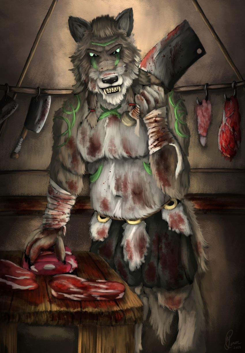angry angry_expression anthro bared_teeth blood blood_on_fur bloodstains blue_eyes bodily_fluids braided_hair brown_body brown_fur butcher canid canine canis cleaver dire_wolf food fur fur_markings furniture hair hi_res inside kilt male mammal markings meat rope satyros_kolbeck secrets_of_uncrom solo table teeth_showing tent uncrom valtalska_dercas wood wood_furniture wood_table wraps wrist_wraps yenocwolf
