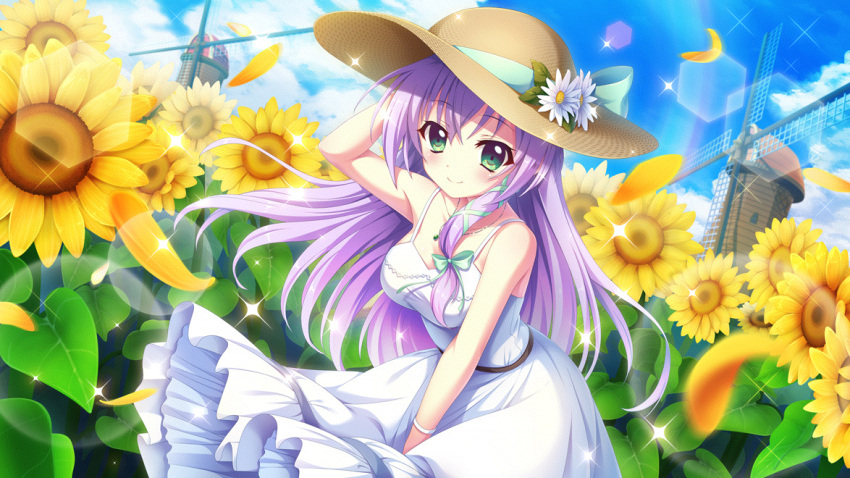 1girl bare_arms bare_shoulders blue_bow blue_ribbon blue_sky bow breasts cleavage closed_mouth cloud day dot_nose dress falling_petals field film_grain flower flower_field game_cg green_eyes hair_ribbon hand_on_headwear hat hat_bow hat_flower hat_ribbon hokaze_kanade izumi_tsubasu jewelry large_breasts lens_flare long_hair looking_at_viewer necklace non-circular_lens_flare non-web_source official_art outdoors petals purple_hair re:stage! ribbon skirt skirt_tug sky smile solo sparkle sundress sunflower sunflower_field white_dress white_flower white_wristband wind windmill