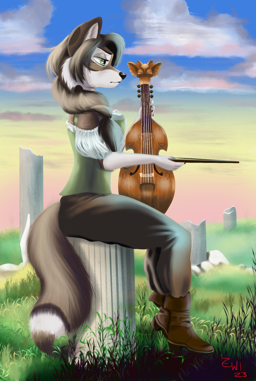 absurd_res anthro bianca_moonsong_(azeiron) black_nose bodily_fluids boots bow_accessory bowed_string_instrument braided_hair braided_ponytail brown_body brown_fur canid canine canis claws clothing cloud crying detailed_background dipstick_tail female footwear fur grass_field green_eyes hair hi_res mammal markings musical_instrument pillar playing_music ponytail ruins sad solo string_instrument tail tail_markings tears viola_(musical_instrument) white_body white_fur wolf zephyriwolf
