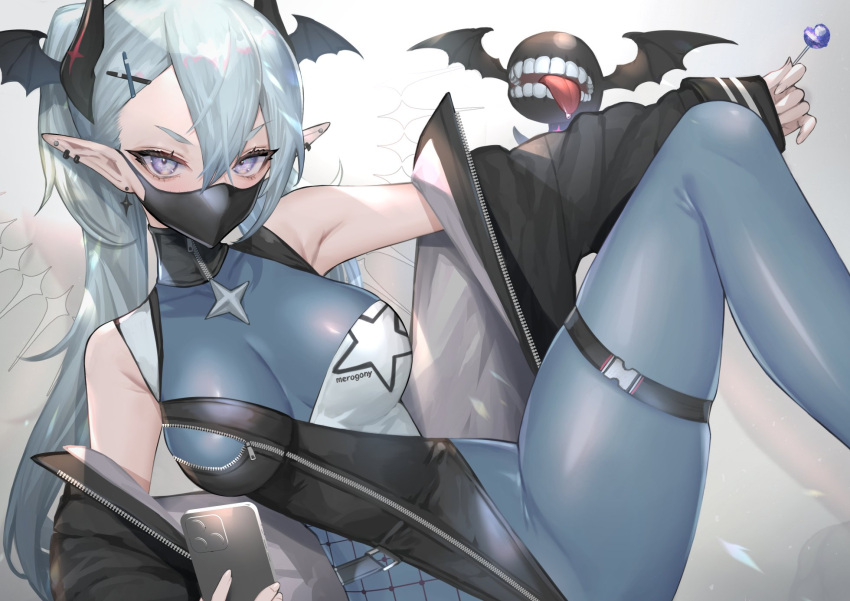 1girl black_jacket blue_eyes bodysuit breasts candy commentary curvy double-parted_bangs ear_piercing earrings food full-length_zipper grey_hair hair_between_eyes hair_ornament hairclip head_wings highres hitowa jacket jacket_partially_removed jewelry lollipop long_hair long_sleeves mask medium_breasts mouth_mask narrow_waist original pearl_earrings piercing purple_eyes skin_tight sleeveless sleeveless_bodysuit solo spread_legs v-shaped_eyebrows very_long_hair wide_hips wings x_hair_ornament zipper