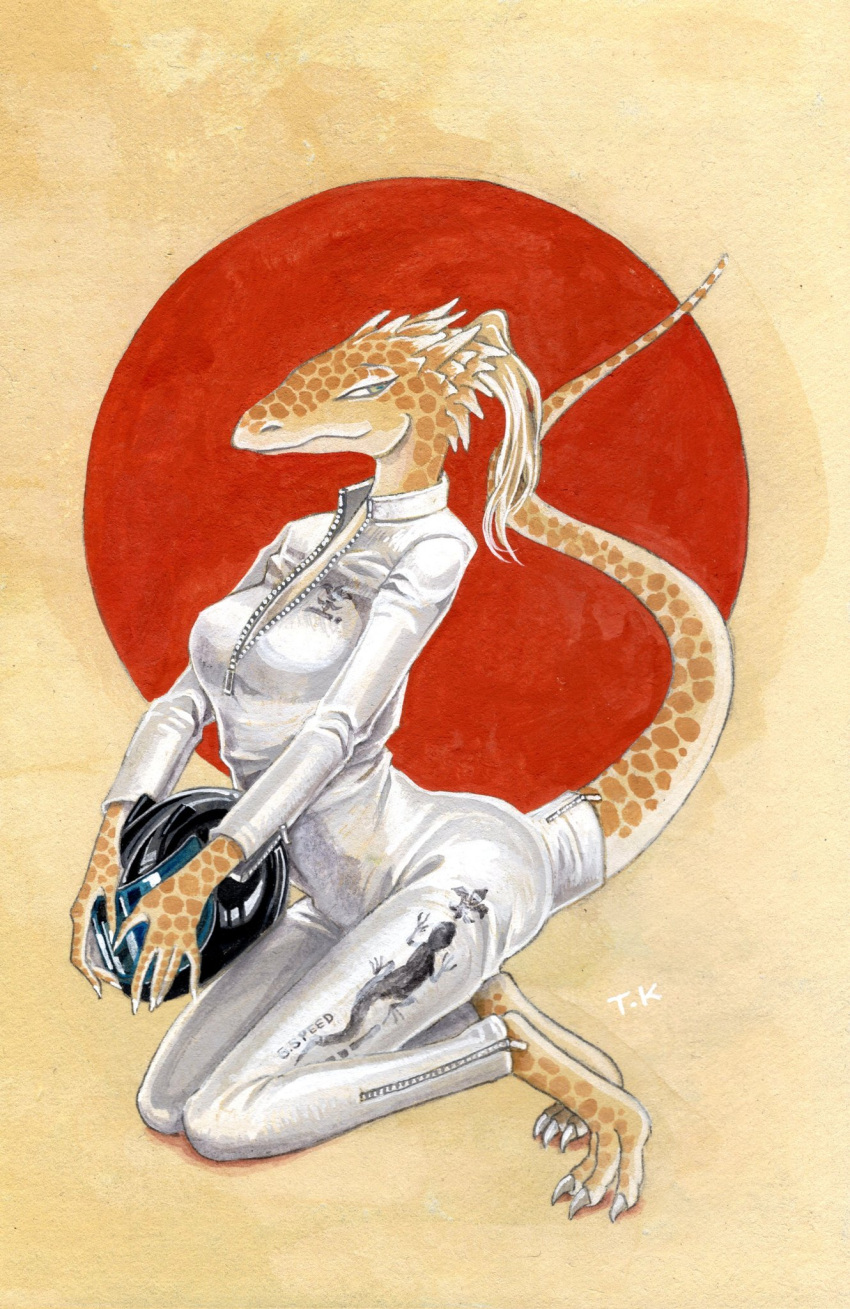 anthro barefoot bike_helmet claws clothing feet female furgonomics hi_res japanese_flag leathers lizard nails red_sun reptile scales scalie tail tail_clothing tsukasa_katsumata zipper zipper_down