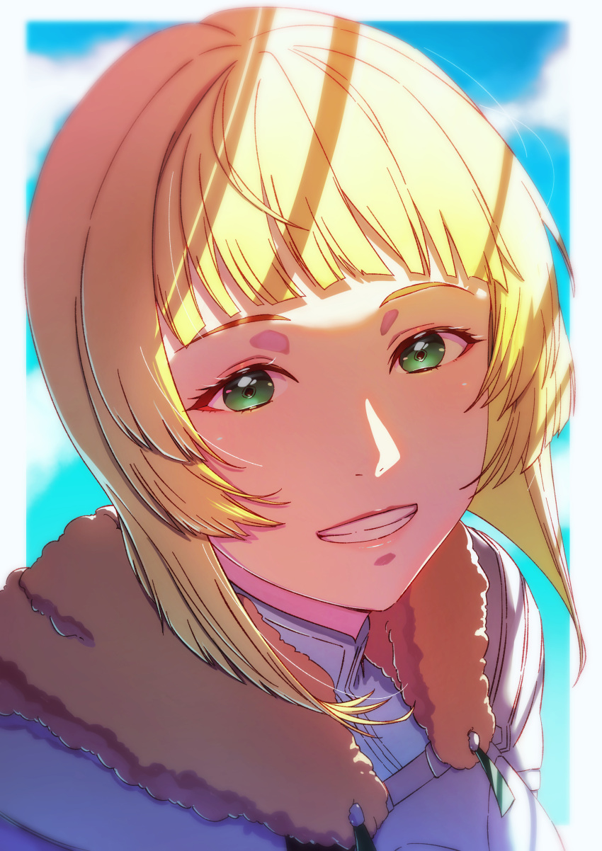 1girl absurdres aduti_momoyama armor blonde_hair blunt_bangs eyelashes fire_emblem fire_emblem:_three_houses fire_emblem_warriors:_three_hopes fur_collar green_eyes grin high_collar highres ingrid_brandl_galatea lips looking_at_viewer medium_hair official_alternate_costume official_alternate_hairstyle pink_lips smile solo teeth upper_body