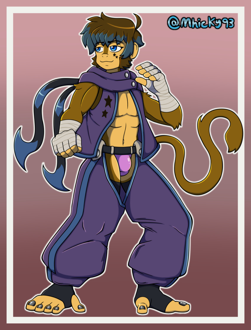 absurd_res anthro armband bandage bandaged_arm clothed clothing facial_tattoo fighting_pose footwear haplorhine hi_res jake_(jakiepour148) jockstrap male mammal mhicky93 monkey open_clothing open_topwear open_vest pose prehensile_feet prehensile_tail primate scarf socks solo stirrup_socks stirrup_stockings tattoo topwear underwear vest