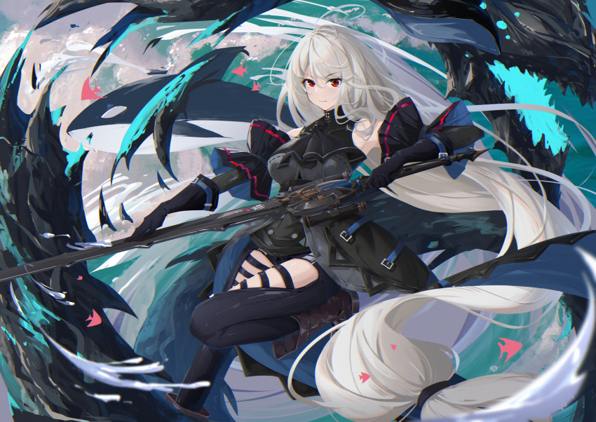 1girl arknights ascot bangs bare_shoulders black_ascot black_footwear black_gloves black_pants boots breasts clothing_cutout commentary_request foot_out_of_frame gloves grey_hair hair_between_eyes highres holding holding_sword holding_weapon large_breasts leggings long_hair looking_at_viewer no_headwear pants red_eyes sin. skadi_(arknights) solo sword thigh_cutout thighs very_long_hair weapon