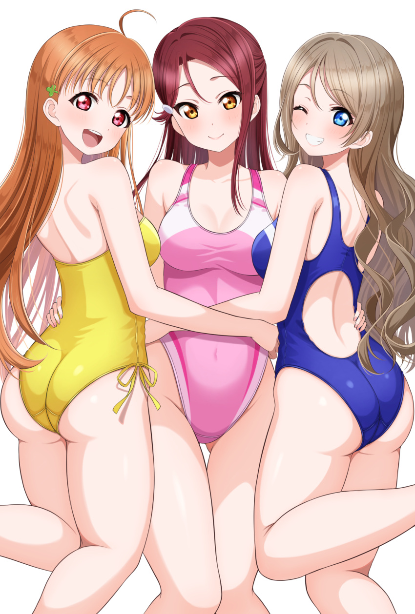3girls ahoge alternate_hairstyle ass back bare_shoulders blue_eyes blue_one-piece_swimsuit blush breasts brown_hair cleavage clover_hair_ornament commission competition_swimsuit dark_red_hair dimples_of_venus from_behind grin hair_ornament hairclip half_updo hand_on_another's_hip highres hiiragi_kei long_hair looking_at_viewer looking_back love_live! love_live!_sunshine!! median_furrow multiple_girls one-piece_swimsuit open_mouth orange_hair pink_one-piece_swimsuit red_eyes sakurauchi_riko shoulder_blades simple_background skeb_commission smile swimsuit takami_chika thighs watanabe_you white_background yellow_eyes yellow_one-piece_swimsuit