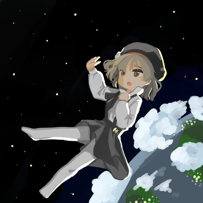 1girl :o beret black_headwear black_skirt brown_eyes brown_hair cloud commentary earth_(planet) floating full_body hand_on_own_chest hat hatoba_tsugu highres medium_hair mole mole_under_eye no_shoes open_mouth outstretched_hand pantyhose planet shirt sidelighting single_hair_ring skirt sky solo space star_(sky) starry_sky suspender_skirt suspenders testest tsugu_(vtuber) virtual_youtuber white_pantyhose white_shirt zero_gravity