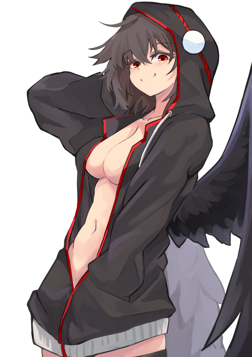 1girl absurdres alternate_costume bird_wings black_hair black_thighhighs black_wings blush breasts brown_hair cleavage cowboy_shot drawstring feathered_wings hair_between_eyes hand_in_pocket hand_on_own_shoulder hat highres hood hoodie jacket long_sleeves looking_at_viewer medium_breasts messy_hair naked_hoodie navel no_bra pom_pom_(clothes) red_eyes red_trim shameimaru_aya short_hair simple_background smile solo split_mouth thighhighs tokin_hat touhou white_background wings yuuka_(a0240765)