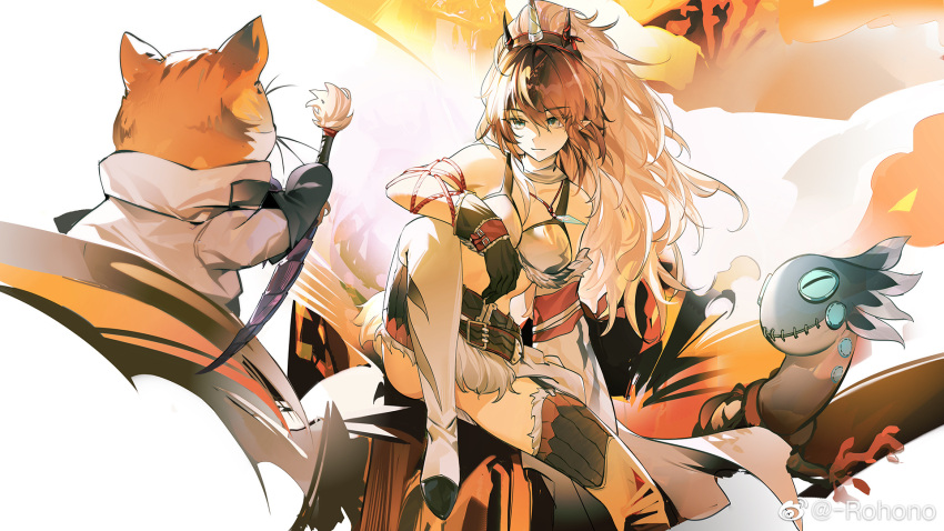 1girl arknights belt belt_buckle black_belt black_gloves black_hairband black_shorts blue_eyes breasts brown_hair buckle cat cleavage closed_mouth costume dagger fur-trimmed_shorts fur_trim gloves hair_between_eyes hairband highres holding holding_dagger holding_knife holding_weapon horns jacket kirin_x_yato_(arknights) knife looking_at_animal mane medium_breasts medium_hair mole mole_under_eye monster_hunter_(series) official_alternate_costume oni_horns pointy_ears rohono shorts terra_research_commission_(arknights) weapon weibo_logo weibo_username white_jacket yato_(arknights)