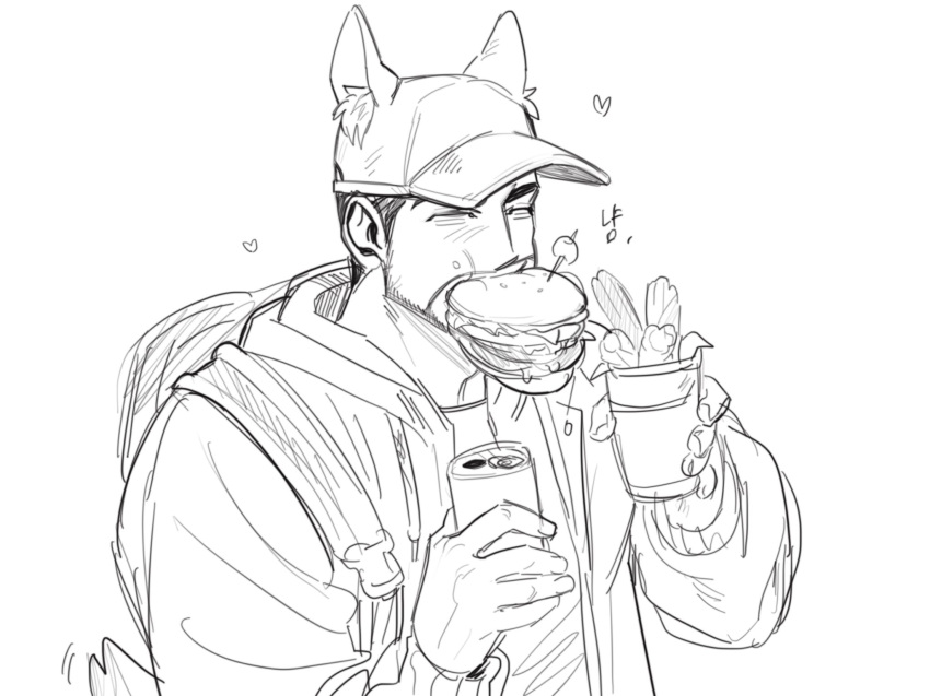 1boy animal_ears animal_hat backpack bag bara baseball_cap beard beard_stubble borrowed_character can cat_boy cat_cap_guy_(rinotuna) cat_ears cat_hat eating facial_hair fast_food greyscale hat heart highres jacket liliiliillj loving_aura male_focus mature_male monochrome mouth_hold mustache mustache_stubble original shirt sketch solo t-shirt tail tail_wagging thick_eyebrows upper_body white_background
