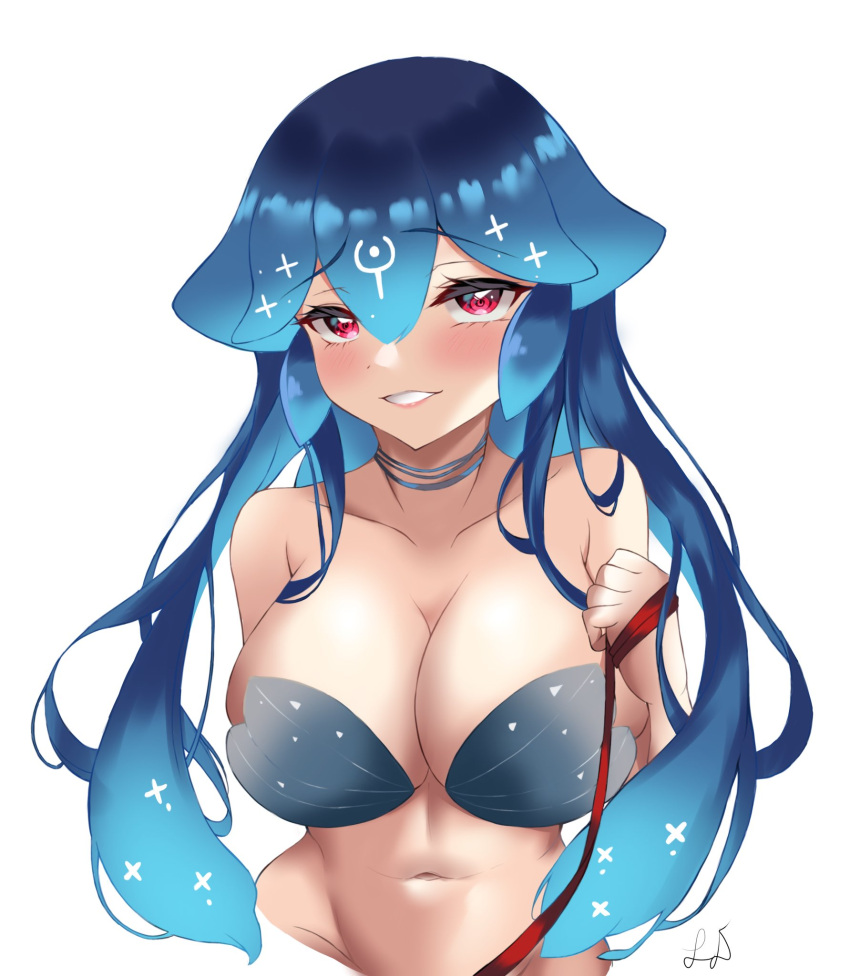 1girl bad_id bao_(vtuber) bare_shoulders bikini blue_hair blush breasts cleavage collarbone grey_bikini grey_choker groin highres indie_virtual_youtuber large_breasts leon_decarabia long_hair looking_at_viewer navel parted_lips red_eyes shell shell_bikini signature smile solo swimsuit upper_body very_long_hair virtual_youtuber white_background