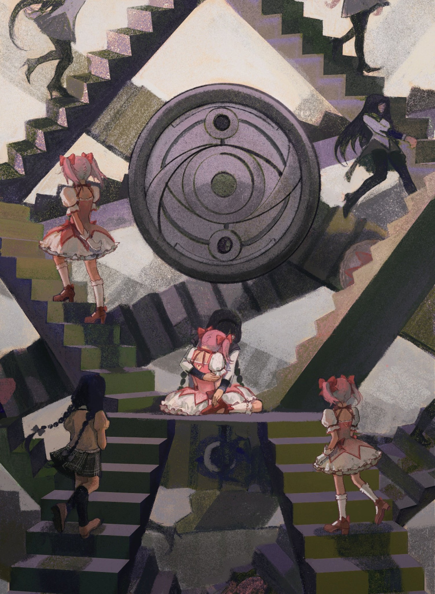 6+girls abstract akemi_homura black_hair black_socks bow bow_choker braid brown_footwear bubble_skirt chinese_commentary choker commentary_request dress dress_bow facing_away footwear_bow hair_bow highres hug juliet_sleeves kaname_madoka long_hair long_sleeves magical_girl mahou_shoujo_madoka_magica mahou_shoujo_madoka_magica_(anime) miaoyunyun mitakihara_school_uniform multiple_girls multiple_persona pink_dress pink_hair plaid plaid_skirt puffy_short_sleeves puffy_sleeves red_choker red_footwear school_uniform shoes short_hair short_sleeves short_twintails sitting skirt socks stairs twin_braids twintails walking white_skirt white_socks